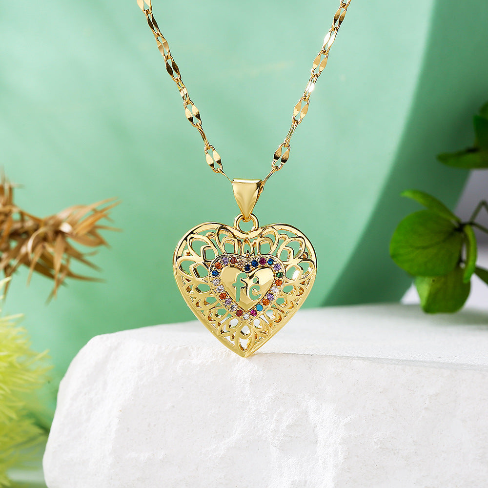 Minimalist Hollow Heart Pendant Necklace for Women in Copper with 18K Gold Plating and Zircon Inlay