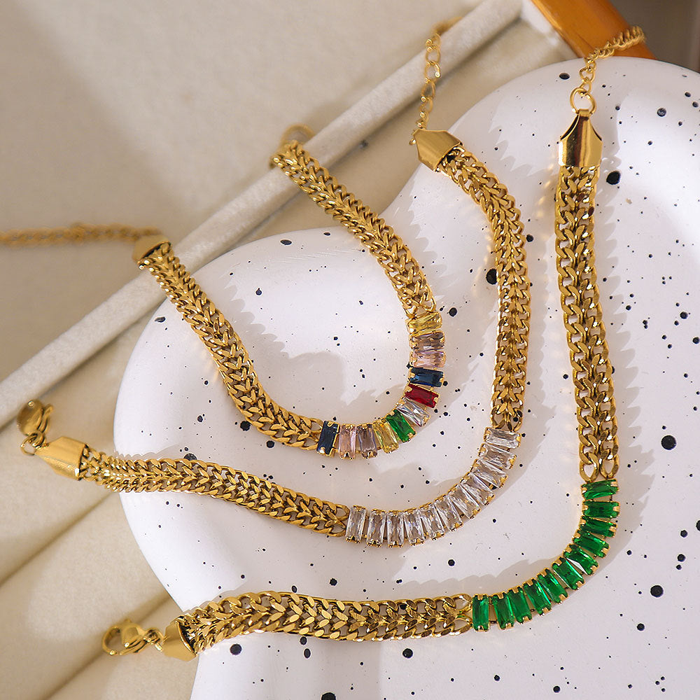 Pulsera Minimalista Retro Francesa de Acero Inoxidable para Mujer con Baño de Oro de 18K, Incrustaciones de Circonita y Diseño de Cadena de Malla