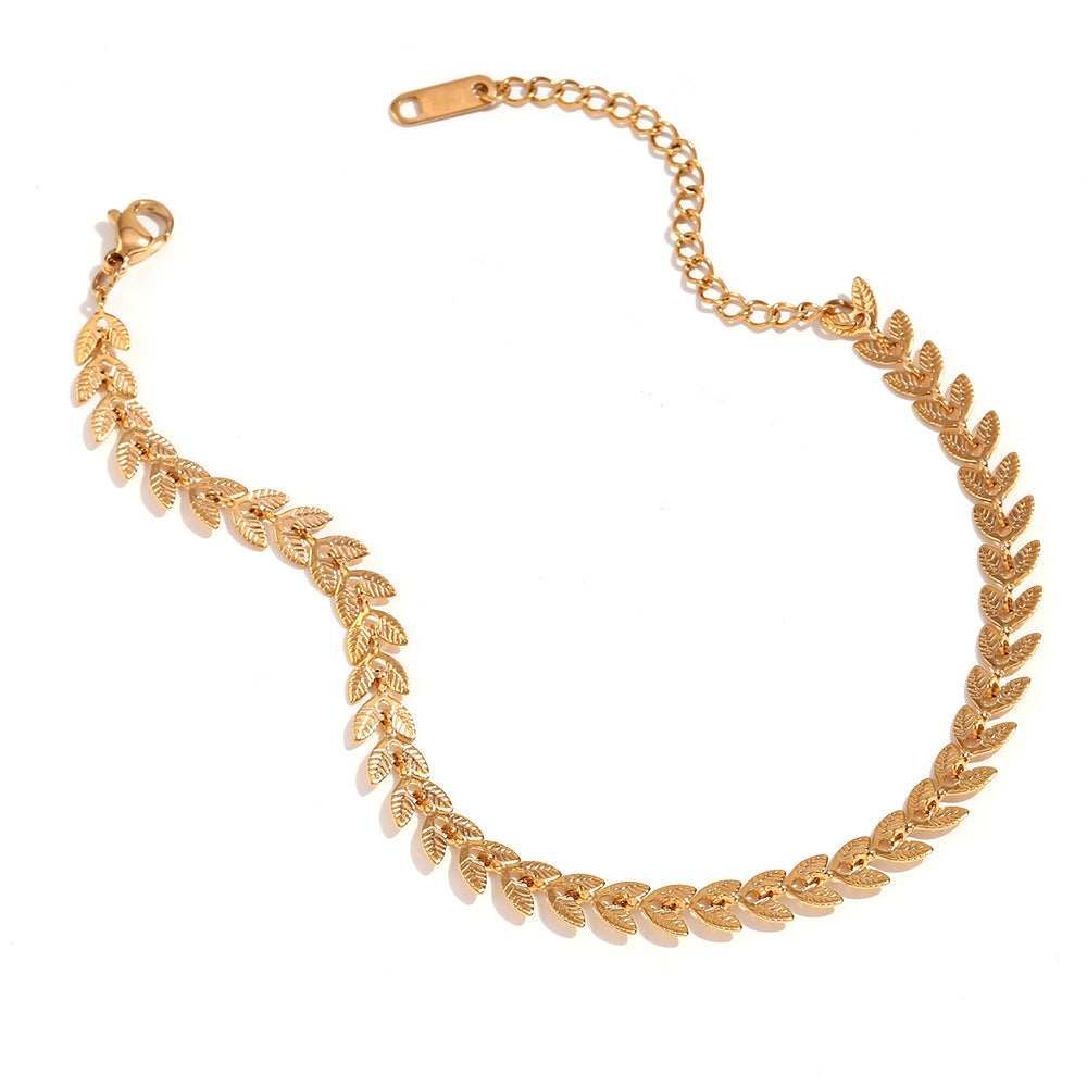 Minimalist Geometric Titanium Steel Bracelet and Anklet Set with 18K Gold Plated Leaf Pendant on Stainless Steel Chain