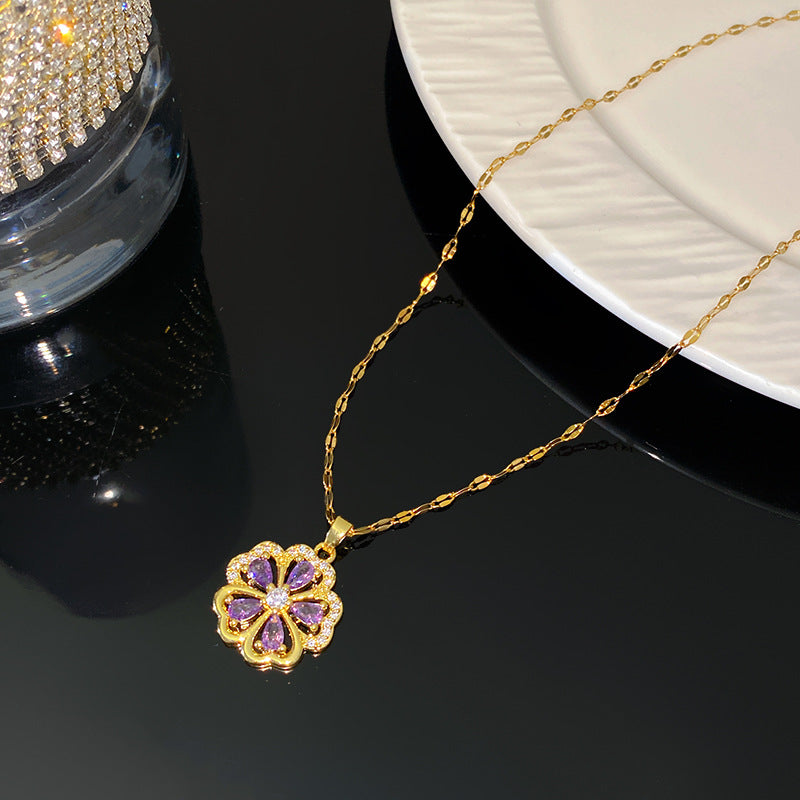 Luxury Floral Rhinestone Plated Titanium Steel Necklace with Brass Pendant for Unisex