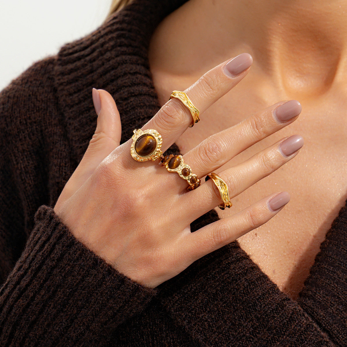Vintage Geometric Oval Tiger Eye Plated Zinc Alloy Open Ring for Women