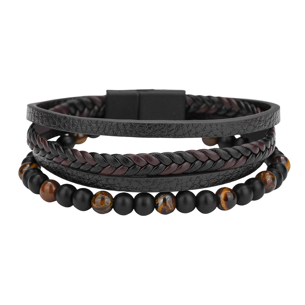 Men's Woven Leather Bracelet with Natural Black Agate and Tiger's Eye Beads Geometric Round Multi-layer Clasp