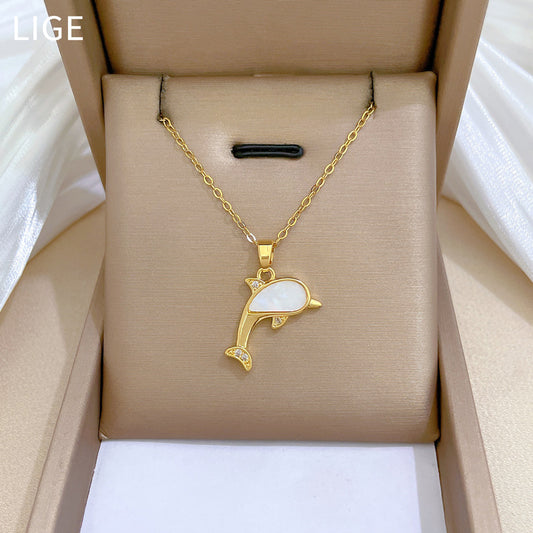 Collar con dije de delfín minimalista para mujer con cadena de acero de titanio e incrustaciones de diamantes de imitación