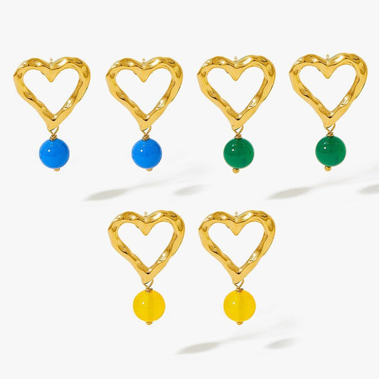 Fashionable Irregular Hollow Heart-Shaped Titanium Steel Earrings with Blue Agate Inlay and 18K Gold Plating for Women