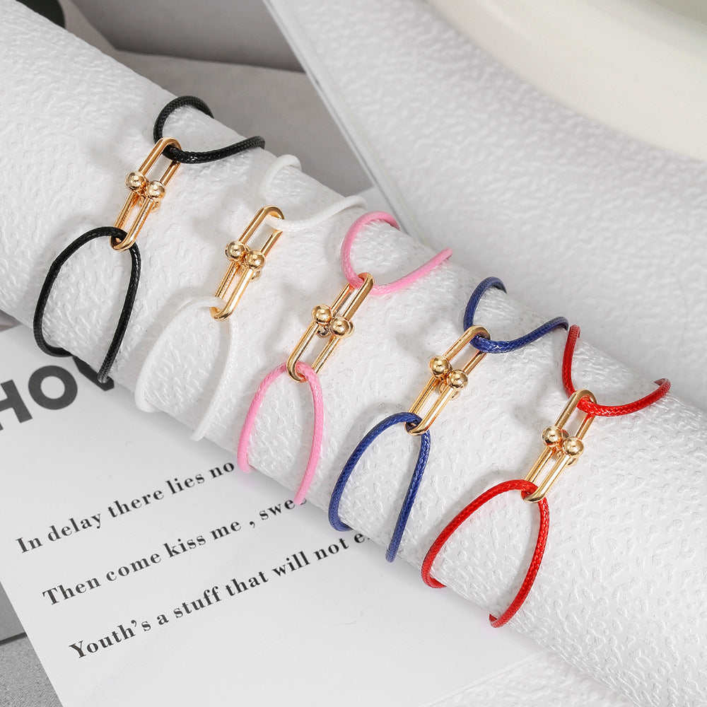 Sweet Handmade Braided Leather Bracelet with Alloy Horseshoe Clasp for Unisex
