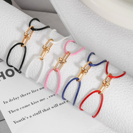 Sweet Handmade Braided Leather Bracelet with Alloy Horseshoe Clasp for Unisex