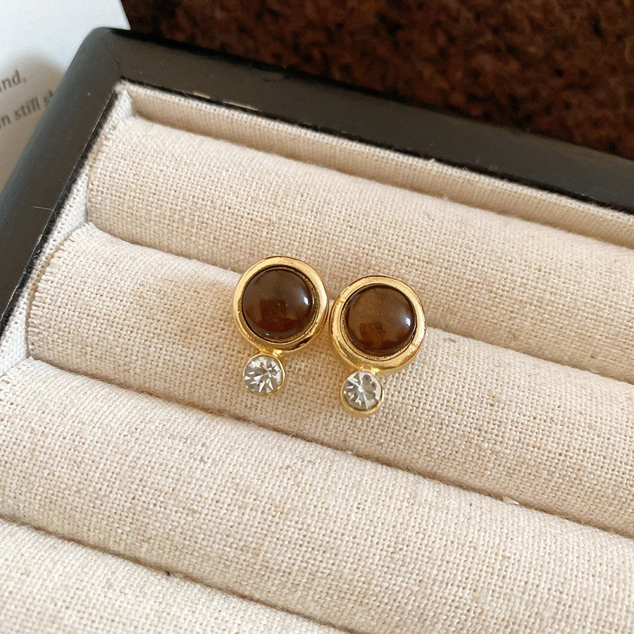 Orecchini a perno geometrici vintage in occhio di tigre, in acciaio placcato oro 18 carati da donna