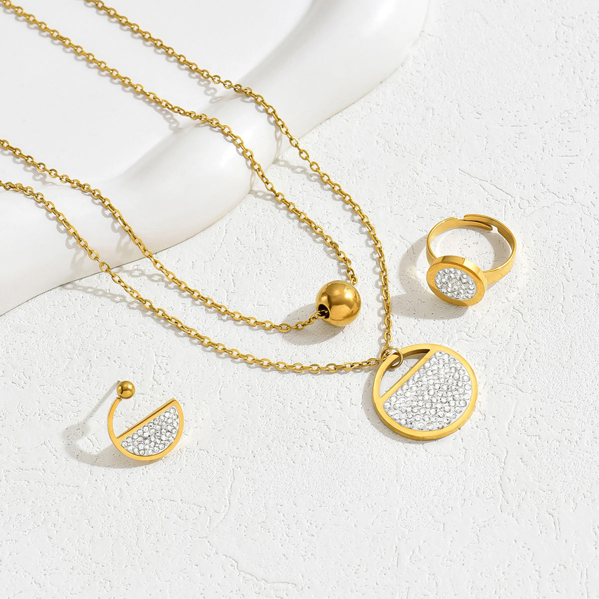 Set Collana Rotonda Geometrica Minimalista in Rame con Zirconi per Donna Inclusi Orecchini, Bracciale e Collana a Catena (Clavicola)