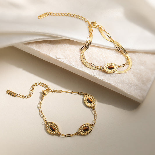 Vintage Style Geometric Stainless Steel Bracelet for Women with 18K Gold Plating, Irregular Design, Fashionable and Versatile