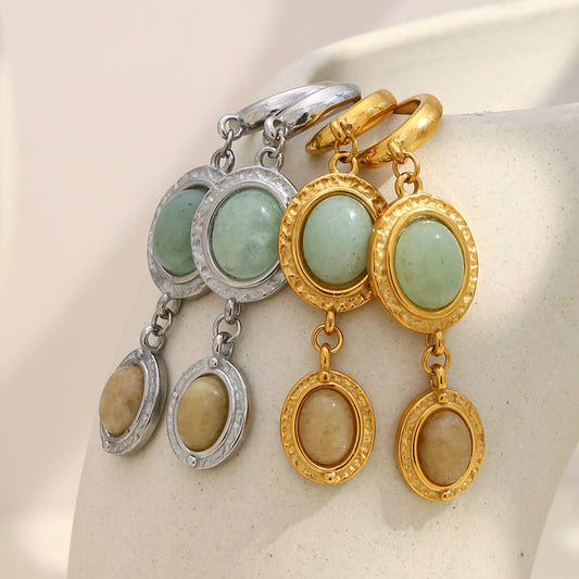 Orecchini da donna minimalisti geometrici in acciaio inossidabile con placcatura sottovuoto in oro 18 carati e dettagli in pietra naturale