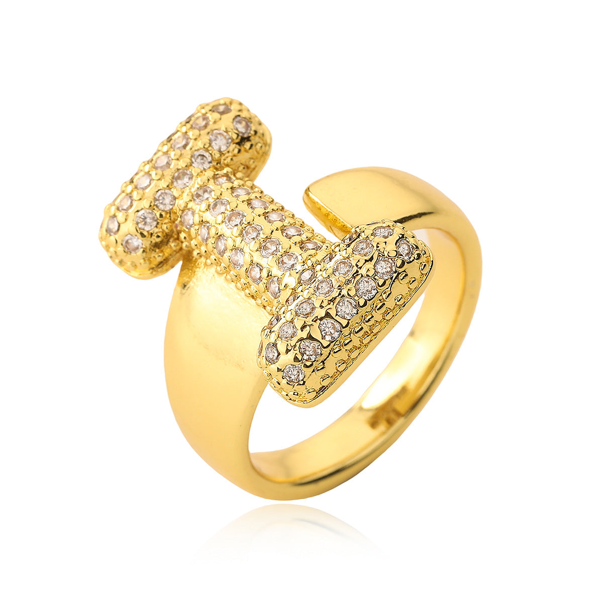 Minimalist Geometric Letter Zirconia Ring for Women in Copper with Gold Plating and Micro-Pavé Setting