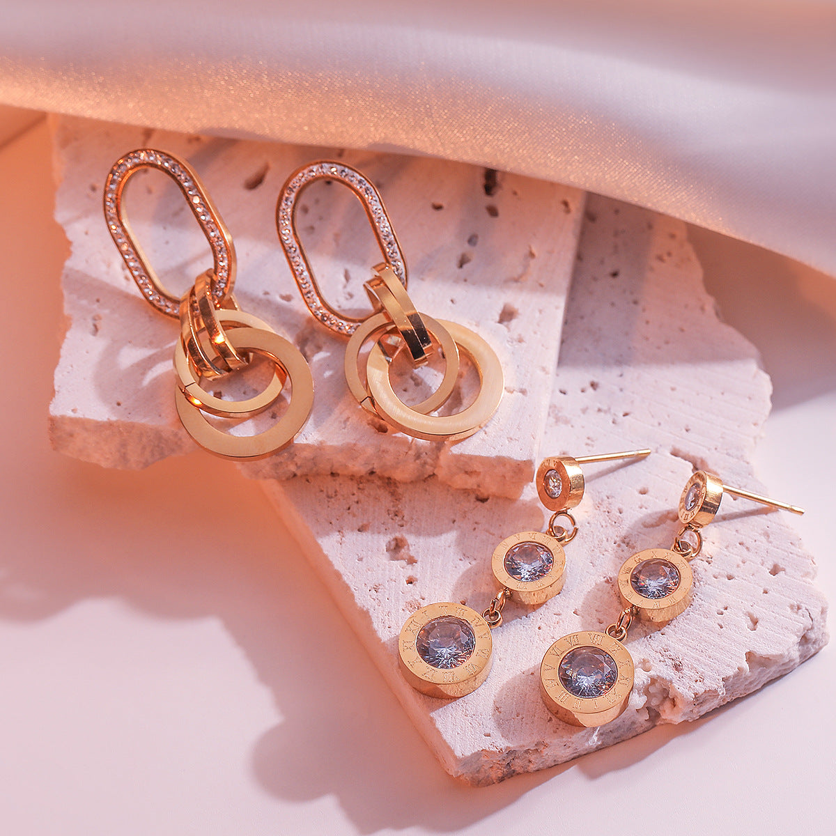 Minimalist Geometric Titanium Steel Earrings for Women with Genuine Gold Plating and Zircon Inlay
