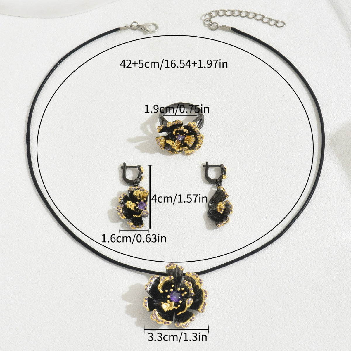 Conjunto de collar, pendientes y anillo de aleación retro con girasol floral y diamantes de imitación para mujer