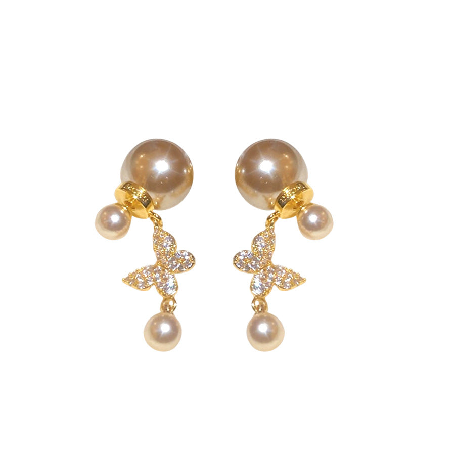 Elegantes Pendientes de Tuerca para Mujer de Estilo Retro Francés con Mariposa y Perla en Forma de Corazón con Circonitas y Postes de Acero Inoxidable