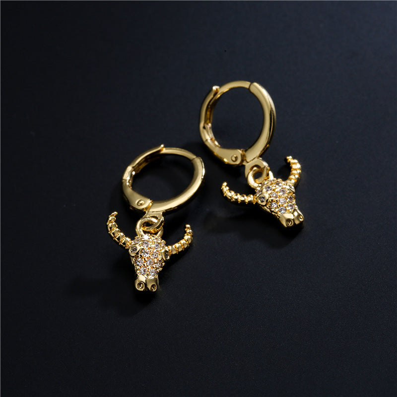 Exotic Bohemian Geometric Bull Stud Earrings in Copper with 18K Gold Plated Posts and Micro-Pave Zirconia