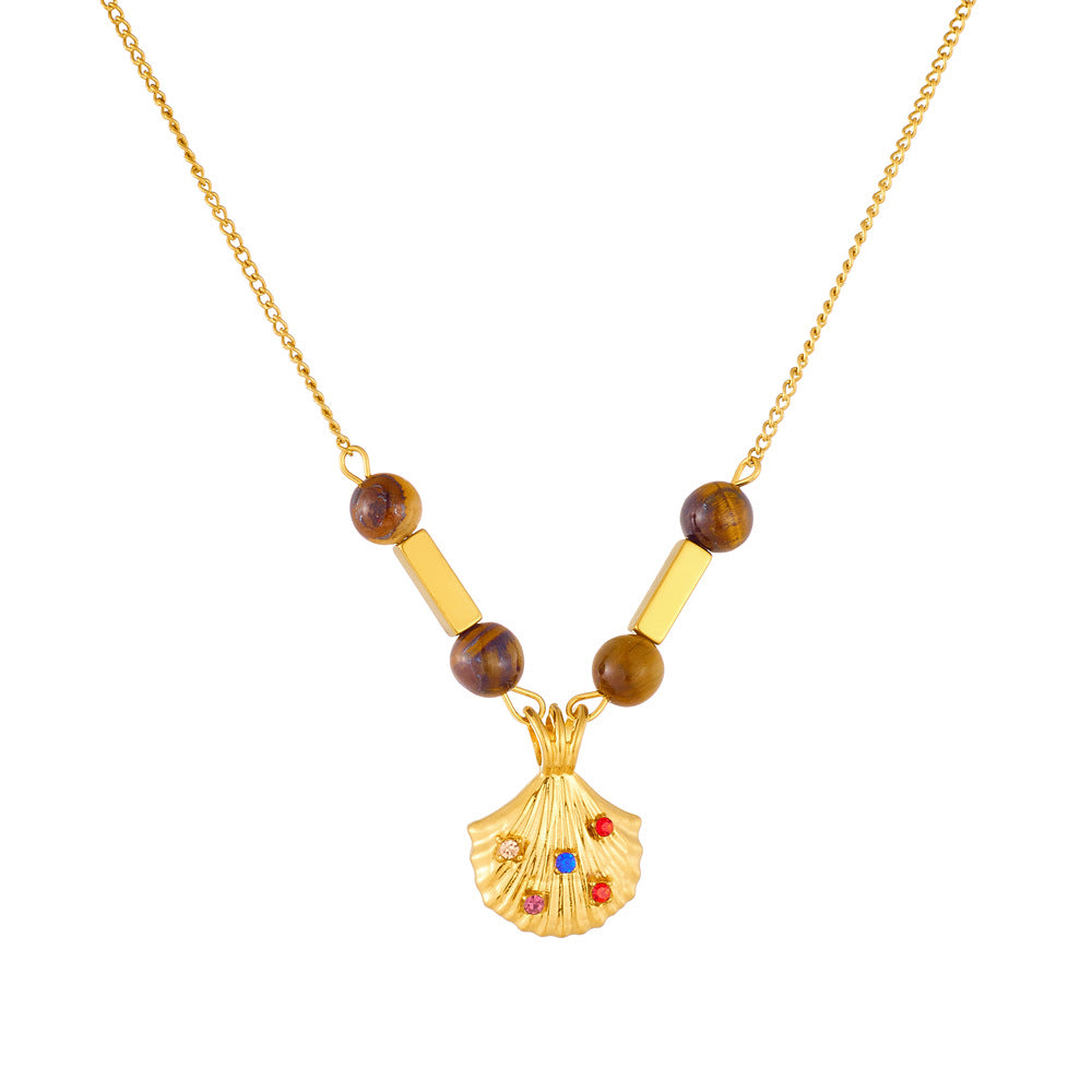Vintage Gold Plated Stainless Steel Necklace with Cubic Zirconia and Tiger Eye Agate Beads