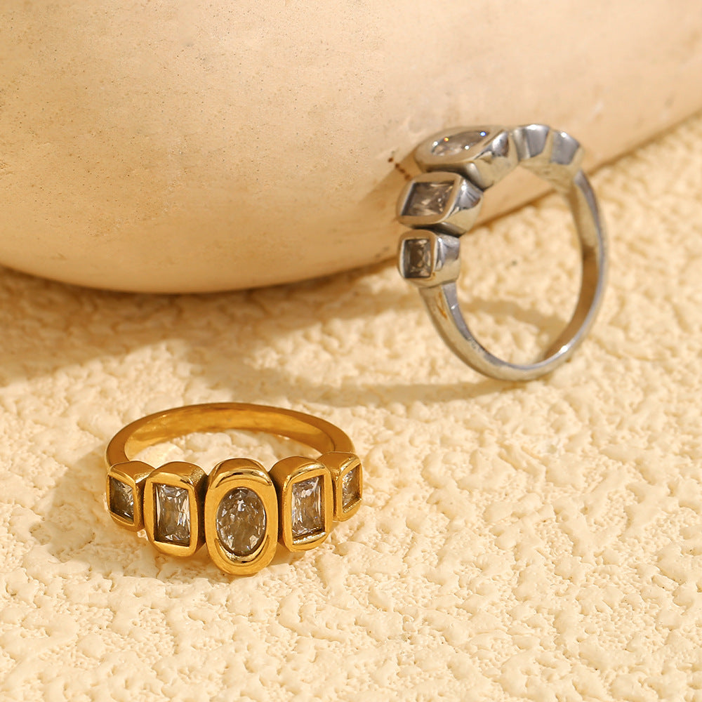 Minimalist Geometric Ring in 316L Stainless Steel with 18K Gold Plating and Zirconia Inlay for Women