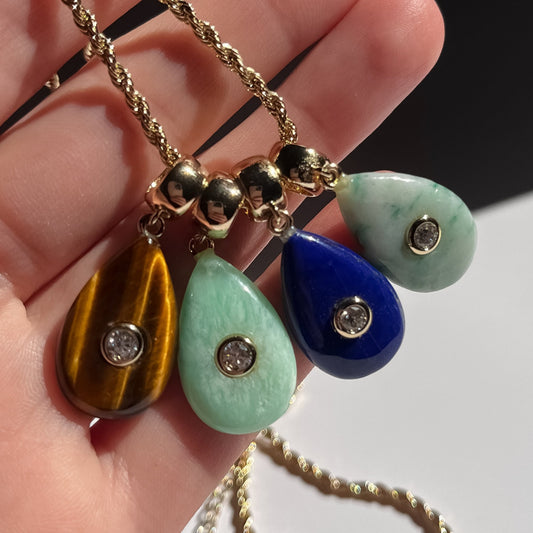 Vintage Stainless Steel Teardrop Pendant with Cubic Zirconia and Enamel Plating