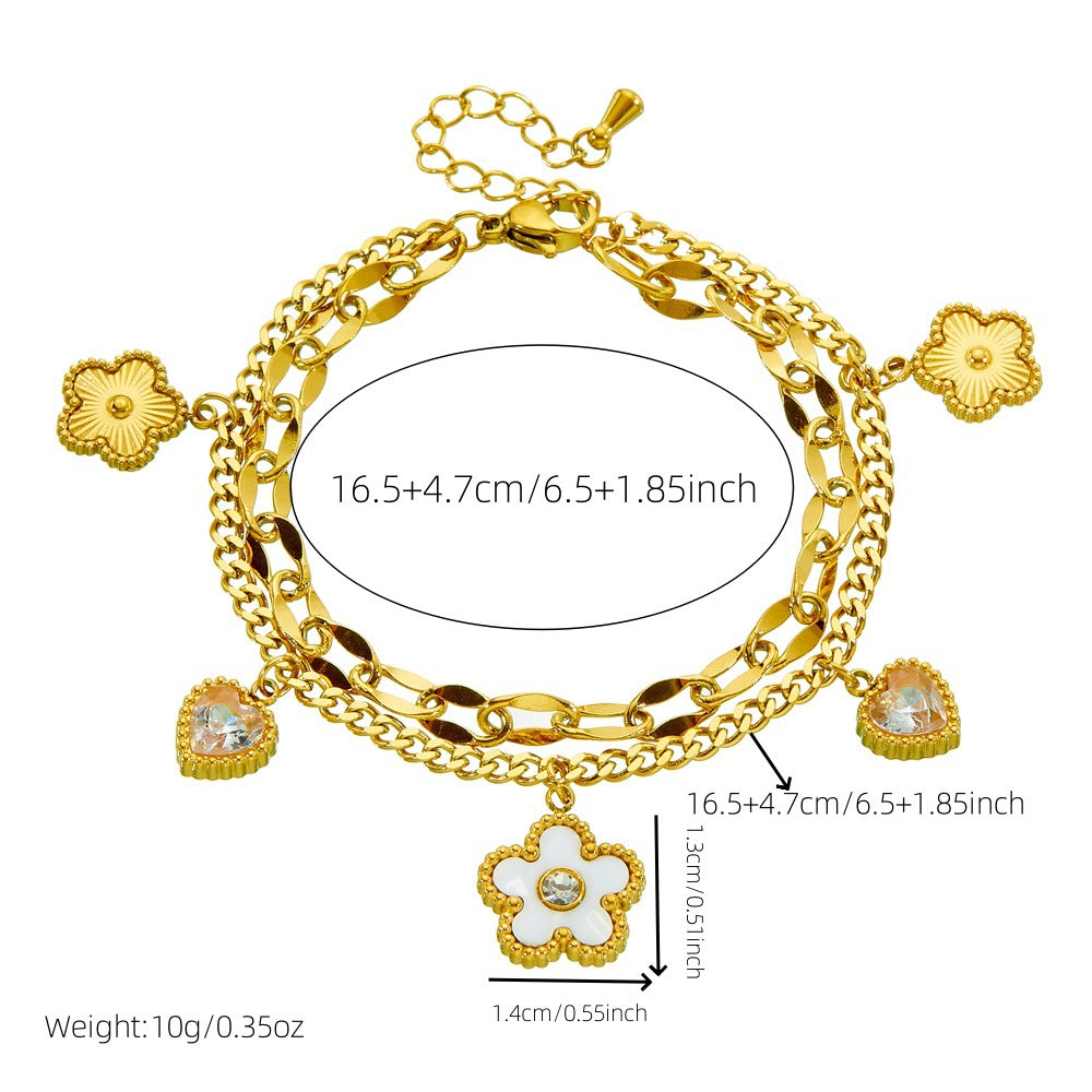 Minimalist Elegant Heart Floral Rhinestone White Pearl Plated Stainless Steel Double Layer Cable Chain Bracelet for Women