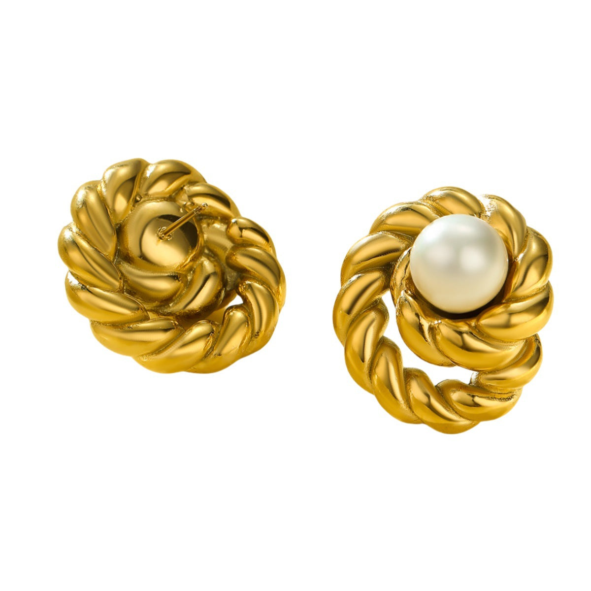 Orecchini a perno tondi vintage in acciaio inossidabile placcati oro con intarsio di perle da donna