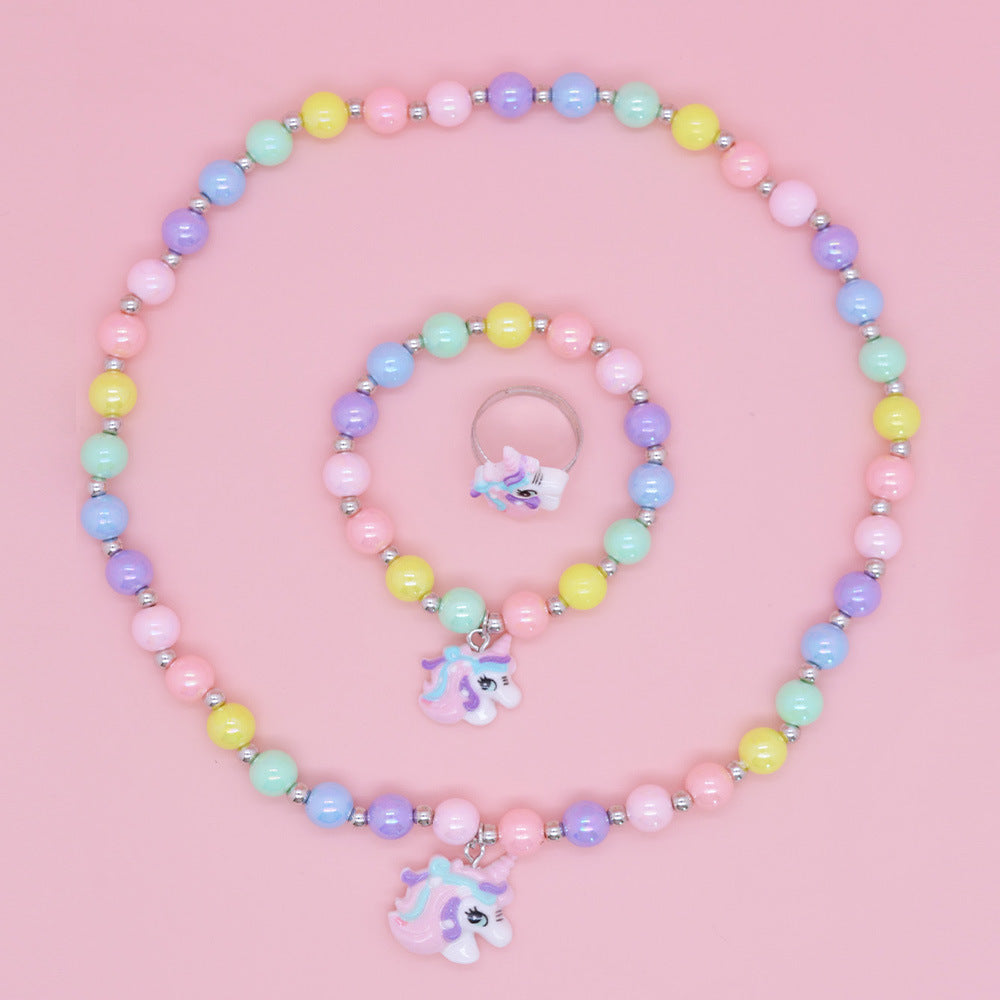 Set collana in resina a forma di unicorno dei cartoni animati per bambine - Gioielli per bambini a forma di animale con catena di perline