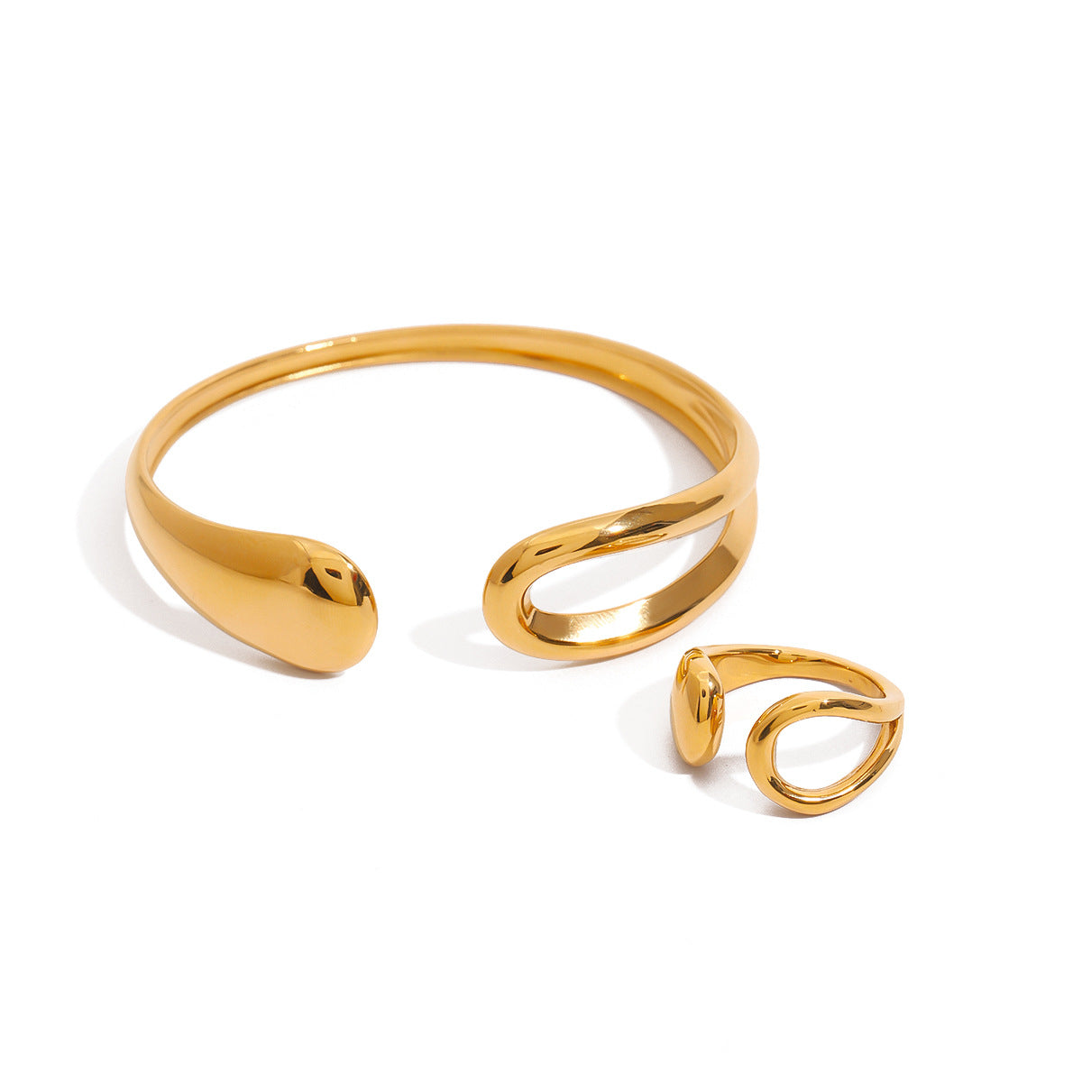 Juego de pulsera con forma de gota chapada en oro de acero inoxidable y anillo ajustable, diseño geométrico minimalista