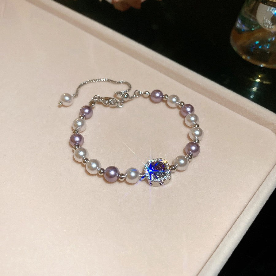 Elegante pulsera geométrica de perlas para mujer con detalles de pedrería, acabado chapado, estilo minimalista para oficina, joyería de lujo para uso diario