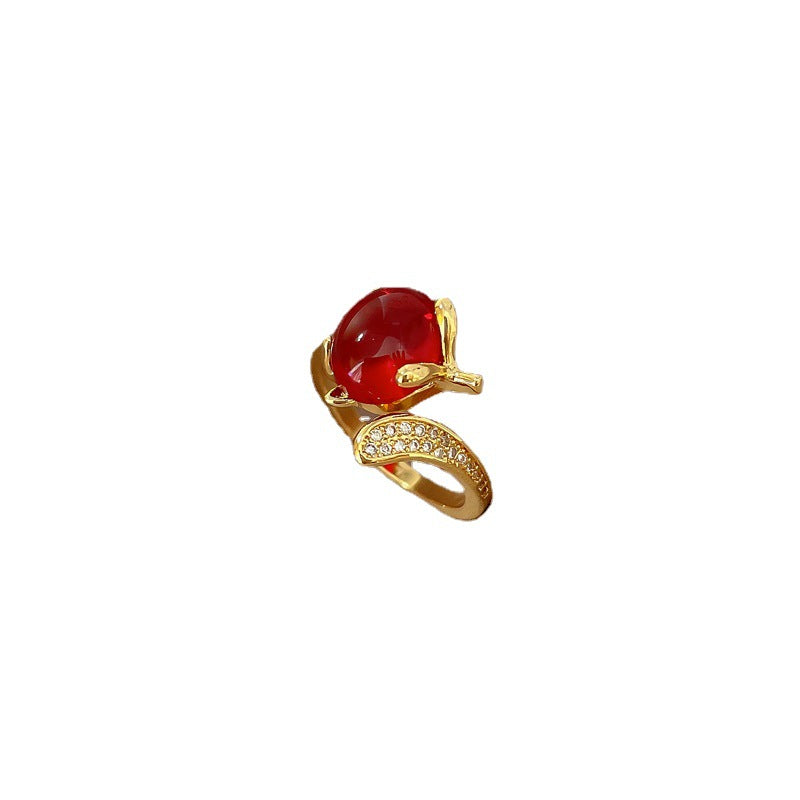 Anillo de zorro de dibujos animados con incrustaciones de diamantes de imitación en latón, diseño de corona ajustable para mujer, acabado antiguo