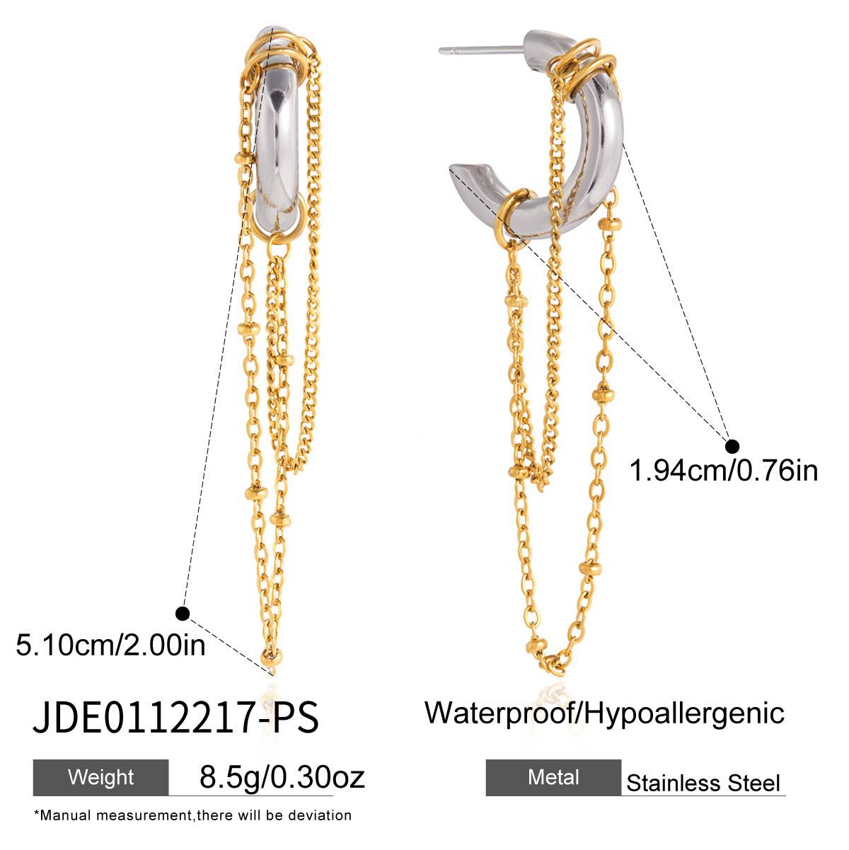 Elegant Two-Tone Geometric C-Hoop Earrings with Tassel Plated Stainless Steel for Women
