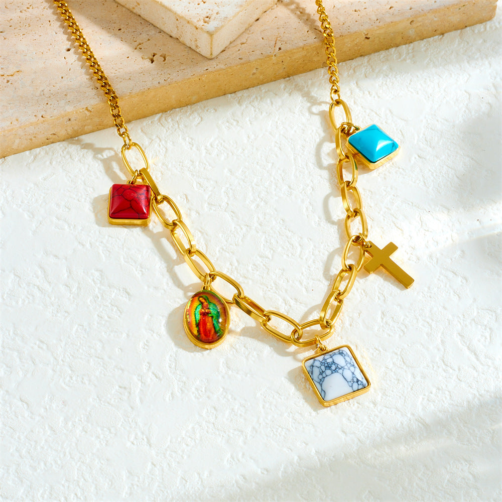 French Vintage Heart Floral Pearl Gemstone Plated Stainless Steel Curb Chain Necklace for Women