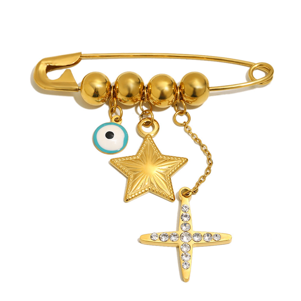 Broche de estrella y ojo minimalista geométrico de acero inoxidable chapado en oro de 18 quilates para regalo unisex