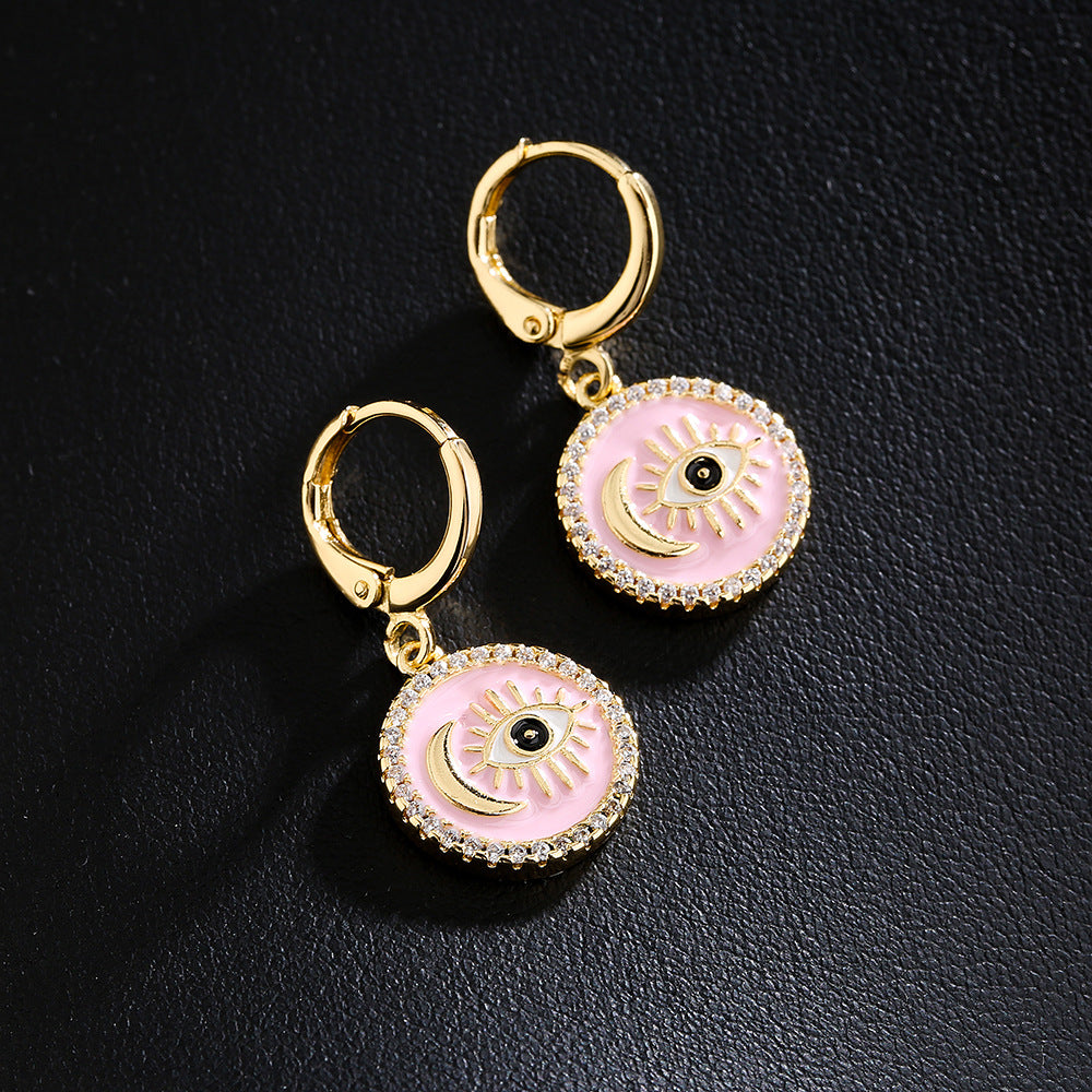 Minimalist Geometric Copper Earrings with 18K Gold Plating and Enamel Eye Detail for Women