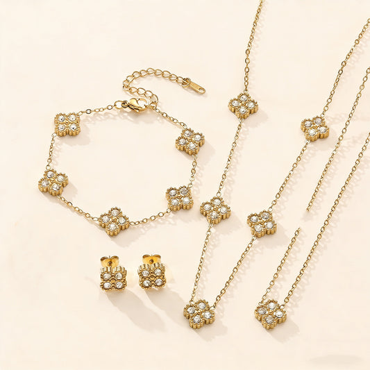 Elegant Rhinestone Floral Titanium Steel Plated Jewelry Set for Women
