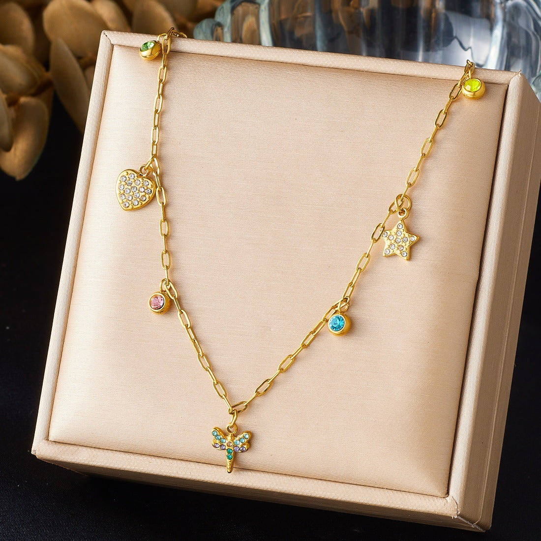 Sweet Gold Plated Stainless Steel Dragonfly Heart Star Necklace with Cubic Zirconia