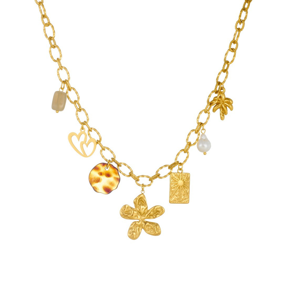 Vintage Gold Plated Stainless Steel Heart Floral Leopard Print Charm Bar Necklace for Women
