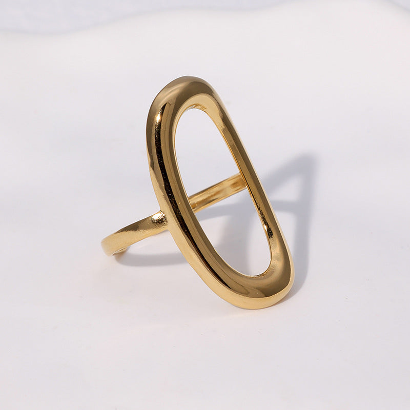Minimalist Cold-Tone Stainless Steel Geometric Hollow Oval Gold-Plated Adjustable Ring for Women