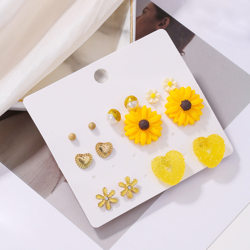 Sweet Minimalist Drip Oil Plated Stainless Steel Heart and Geometric Floral Stud Earrings for Women