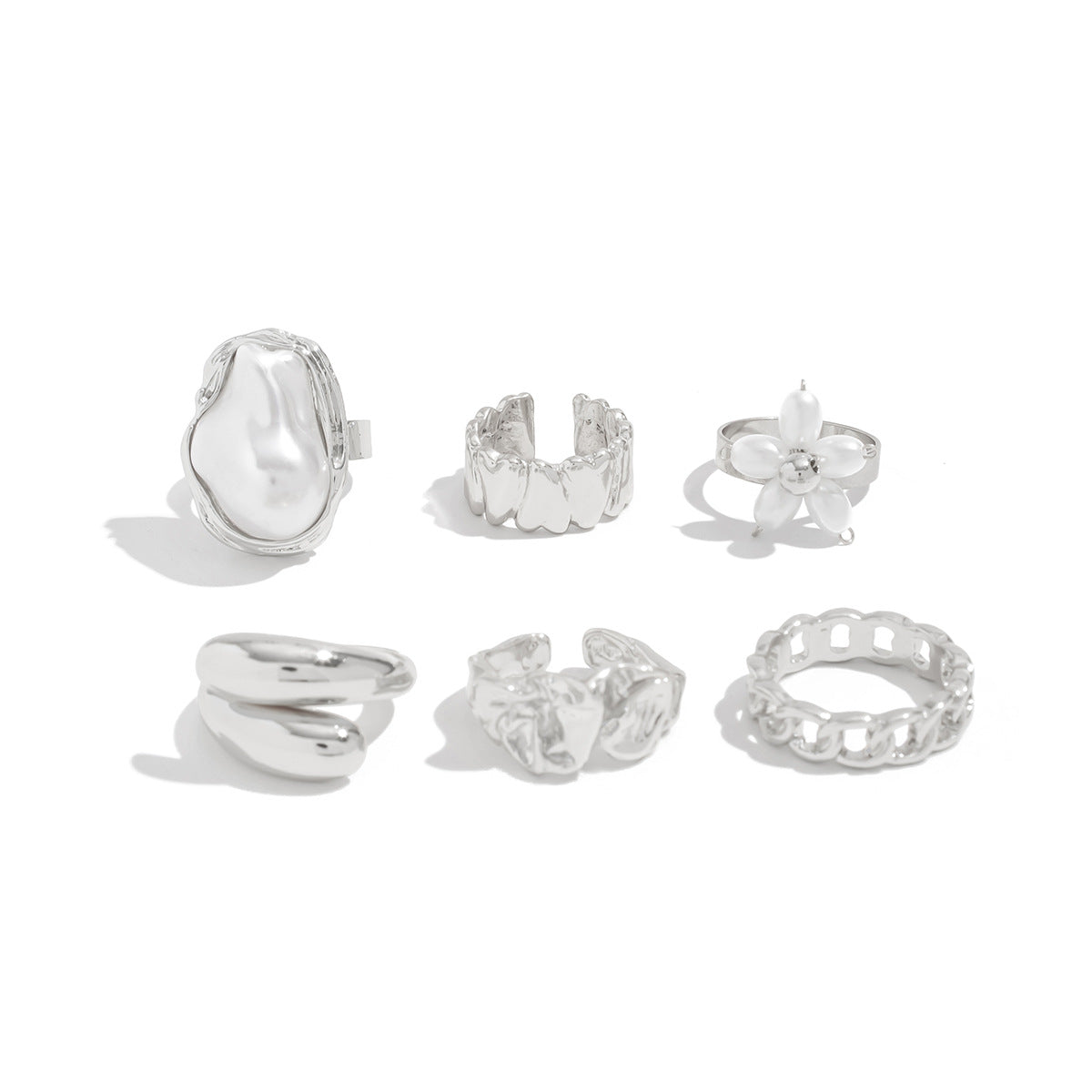 Baroque Vintage Irregular Wavy Hollow Pleated Flower Pearl Alloy Plated Ring Set for Women