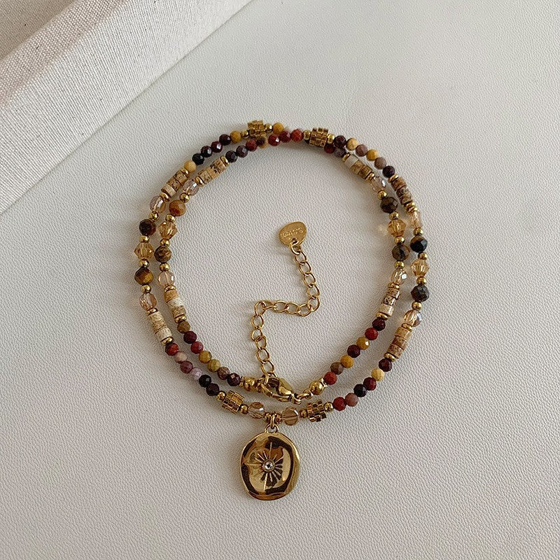 Collana con Ciondolo Vintage a Occhio di Tigre Geometrico Placcata Oro 18K Lunga per Maglione da Donna