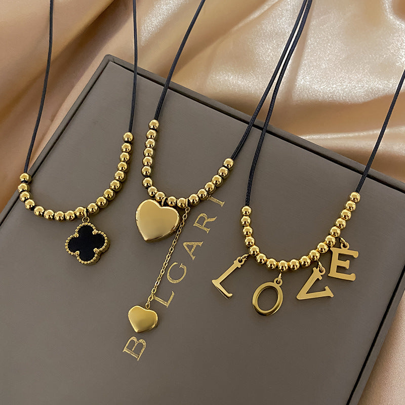Vintage Black Gold Plated Titanium Steel Heart Geometric Pendant Necklace for Unisex