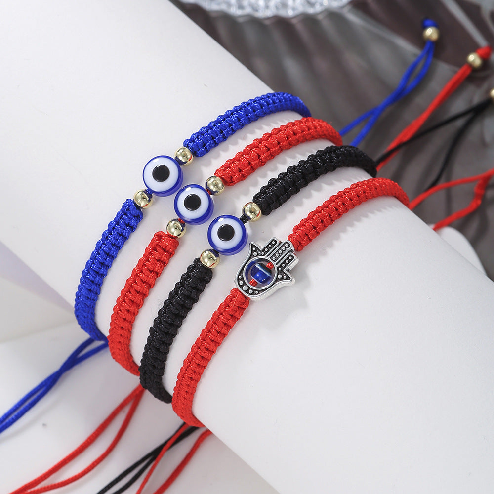 Geometric Round Evil Eye Plated Bracelet Adjustable Woven Cord