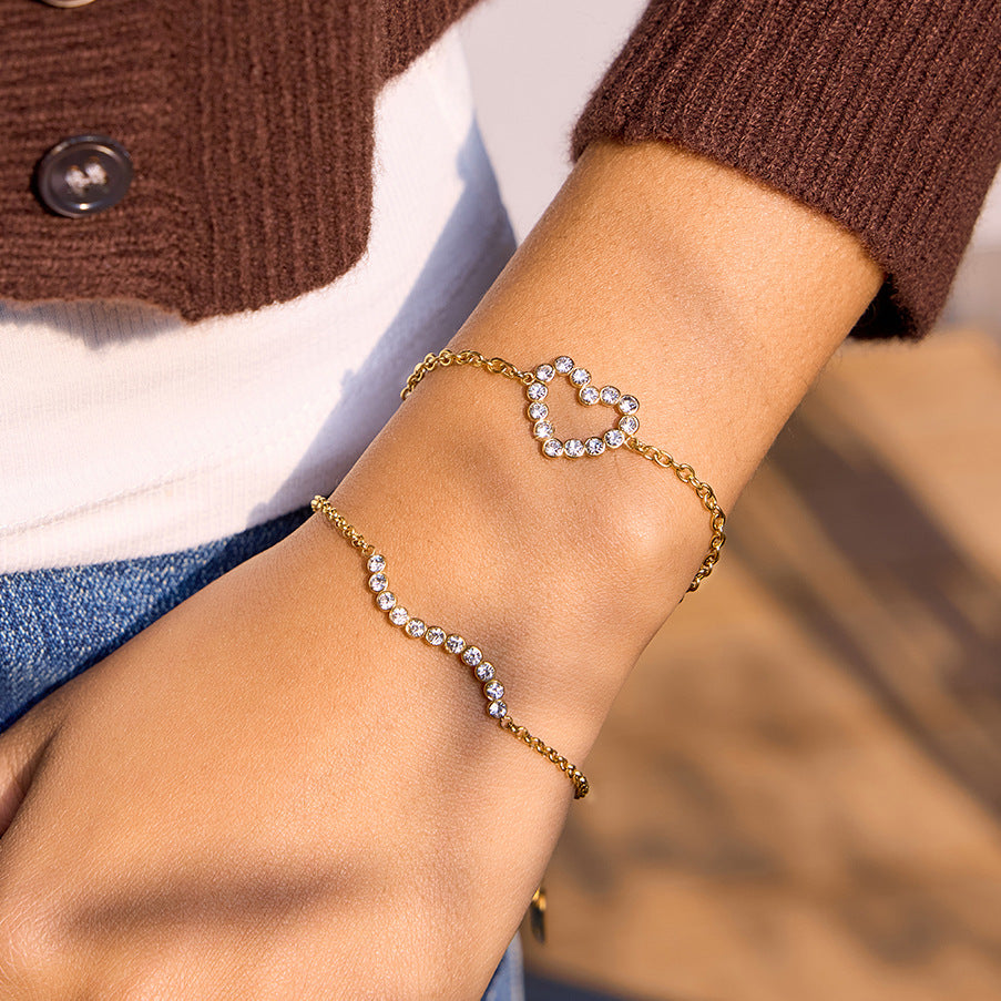 Elegant Minimalist Heart Geometric Rhinestone Plated Stainless Steel Bracelet for Women