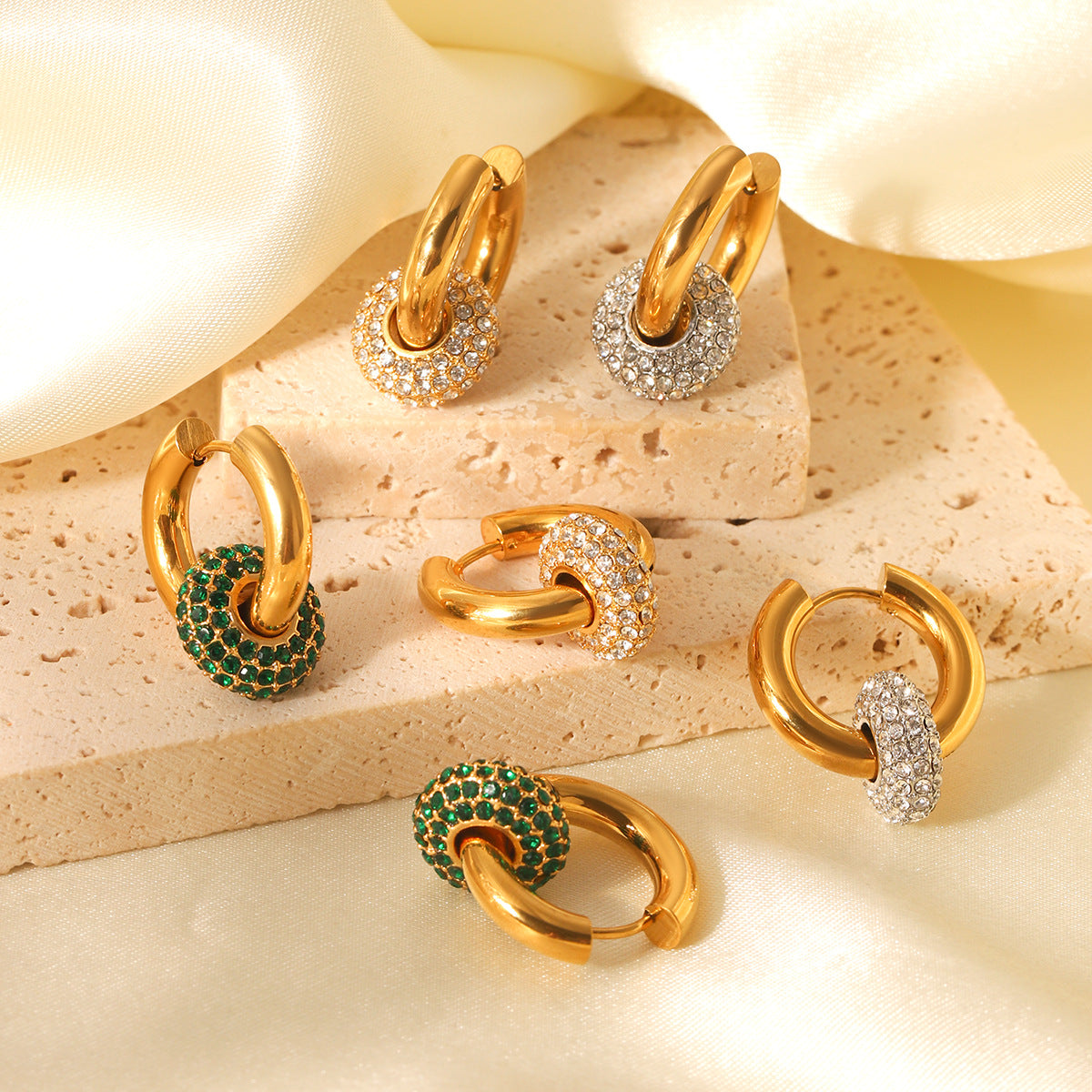 Ins Style 18K Gold Plated Stainless Steel Geometric Round Hoop Earrings with Cubic Zirconia for Women