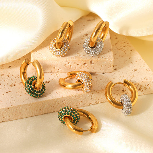 Ins Style 18K Gold Plated Stainless Steel Geometric Round Hoop Earrings with Cubic Zirconia for Women