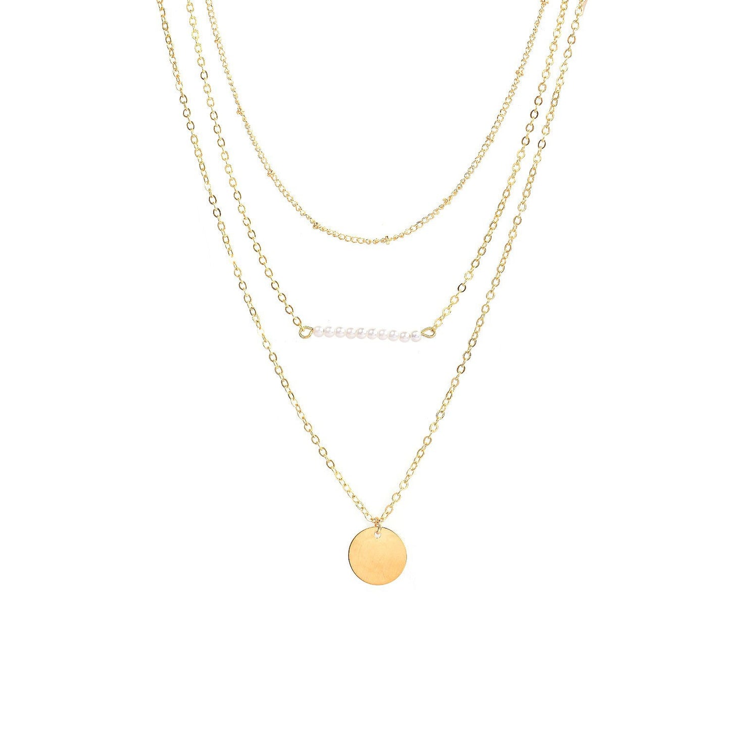 Multi-Layer Short Necklace with Pearl and Sequin Accents Geometric Alloy Pendant Chain for Women