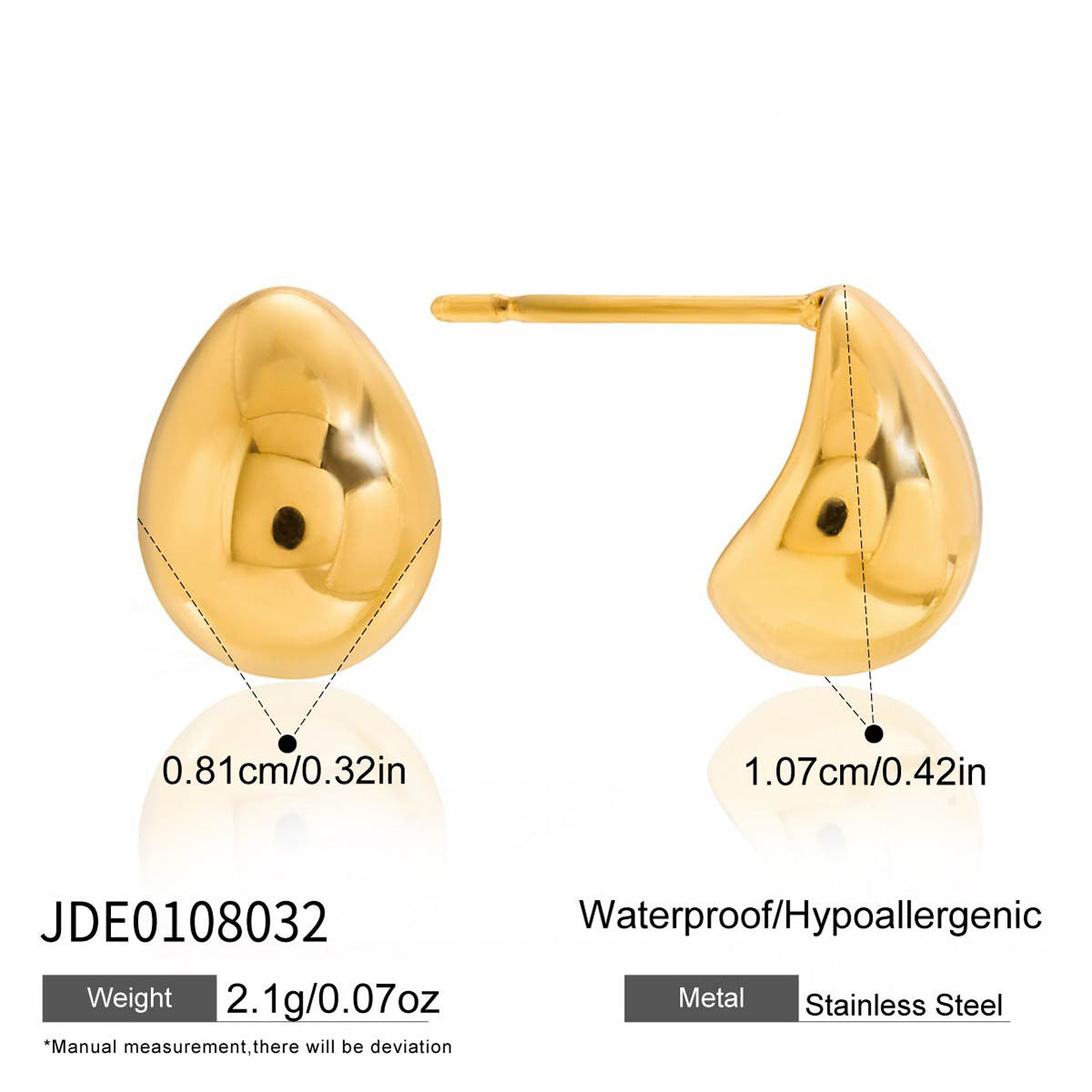 Pendientes de tuerca con forma de gota de agua geométrica de moda, chapados en oro de 18 quilates, de acero inoxidable, joyería hipoalergénica para mujer