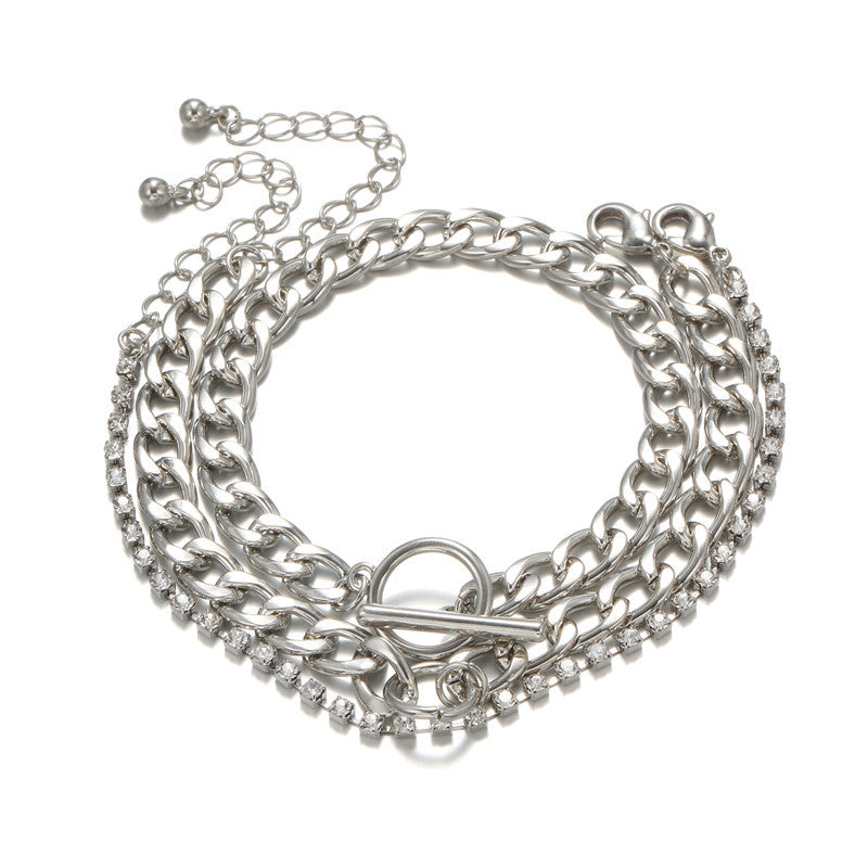 Vintage Elegant Geometric Round Rhinestone Plated Alloy Cable Chain Bracelet Set for Women