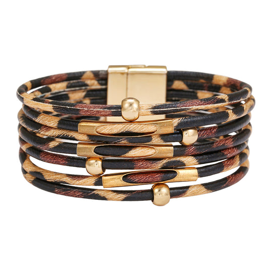 Leopard Print Geometric Round Leather Alloy Bracelet Unisex