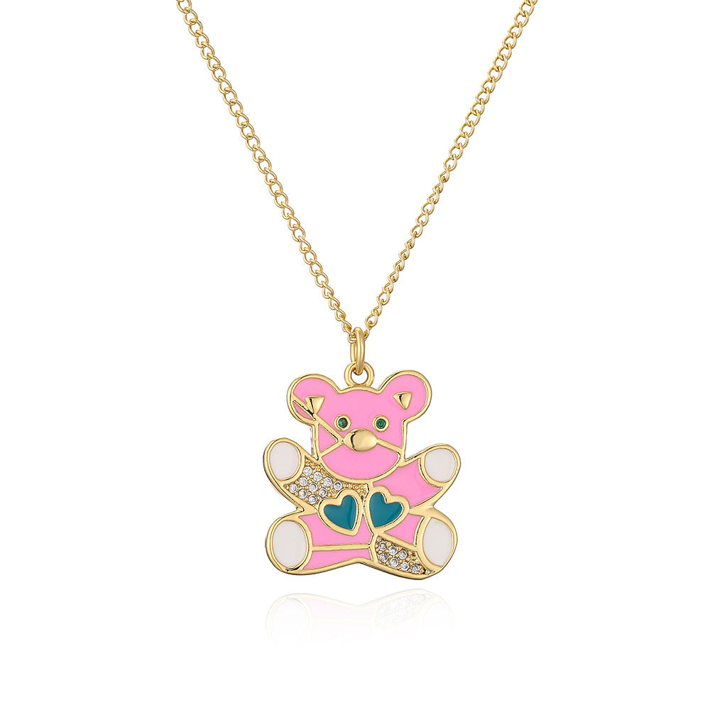 Collana con Pendente Orsetto Carino da Donna Realizzata in Rame con Placcatura in Oro 18K e Finitura a Smalto con Accenti in Zirconi Cubici