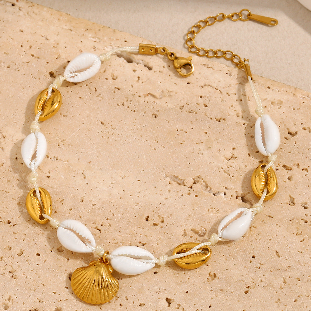 Bohemian Style Geometric Stainless Steel Plated 18K Gold Shell and Scallop Anklet for Women